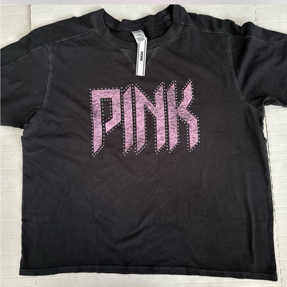 VICTORIA SECRET PINK BLING BLACK BAND 2025 fashion show BOXY TEE SHIRT MEDIUM